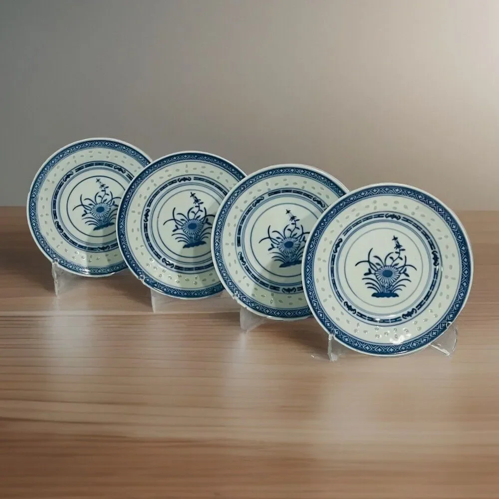 Jingdezhen Rice Eye Grain 6 Inch Desert Plates White & Blue Porcelain  Set of 4
